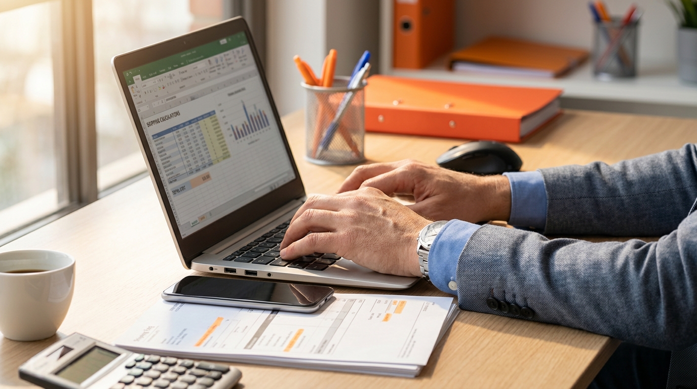 Менеджер логистической компании рассчитывает стоимость доставки груза на ноутбуке в офисе