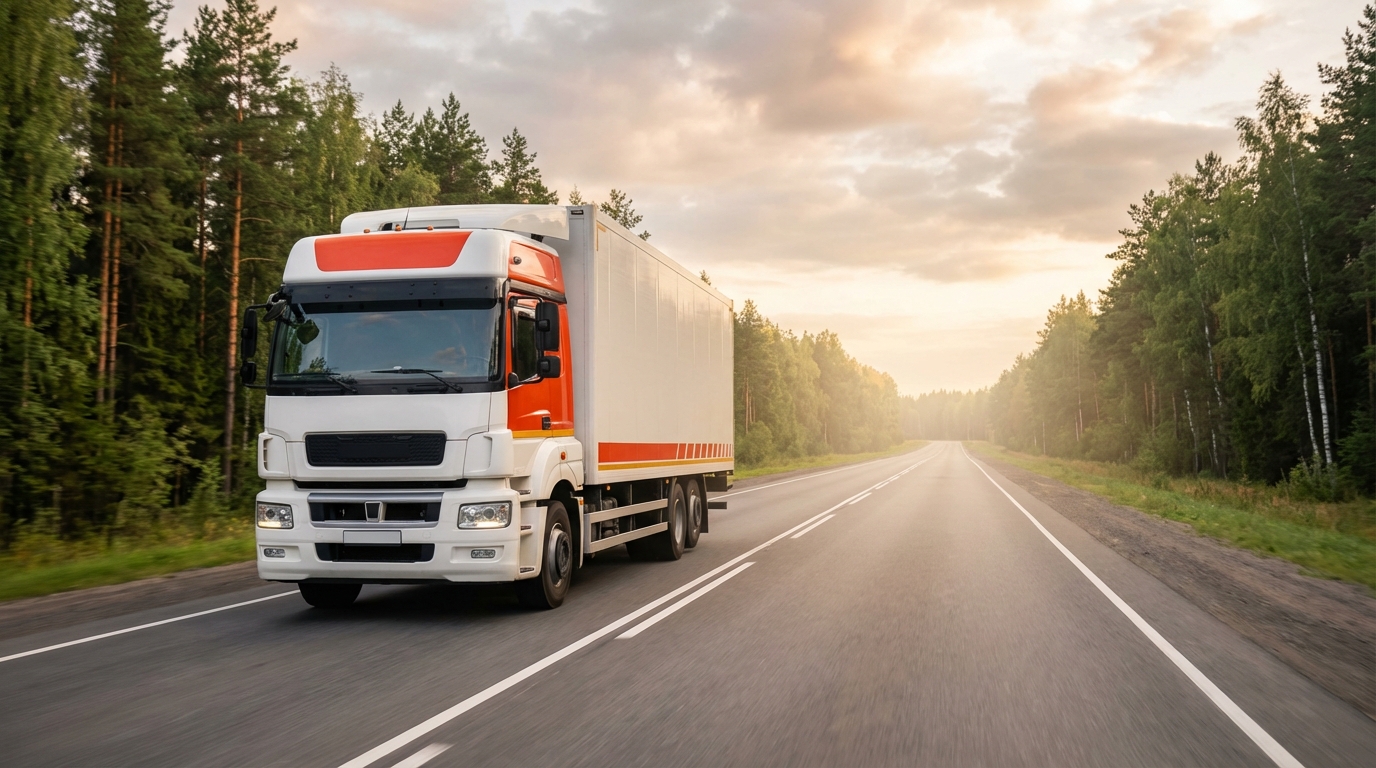 Грузовой автомобиль на федеральной трассе России среди лесного пейзажа во время междугородней доставки