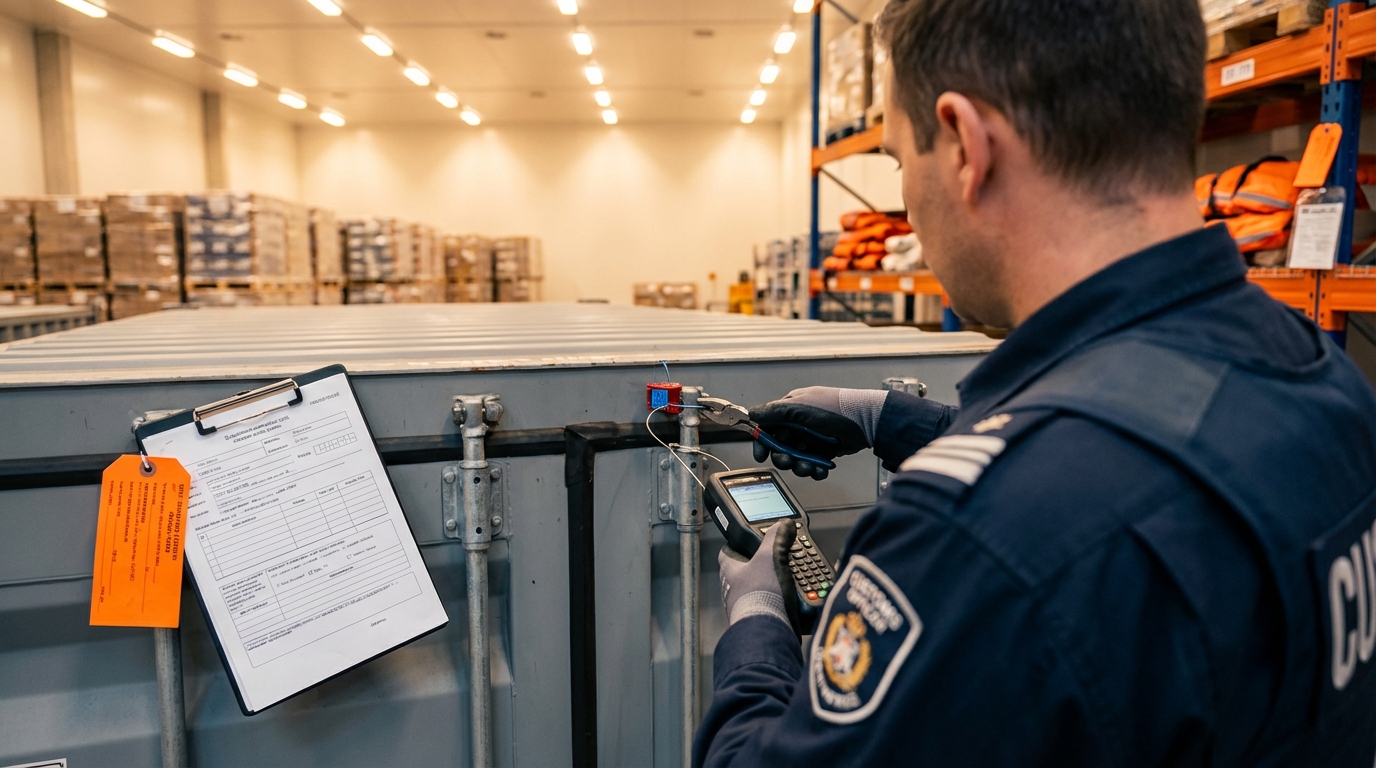 Таможенный инспектор проверяет пломбу на опечатанном контейнере на складе