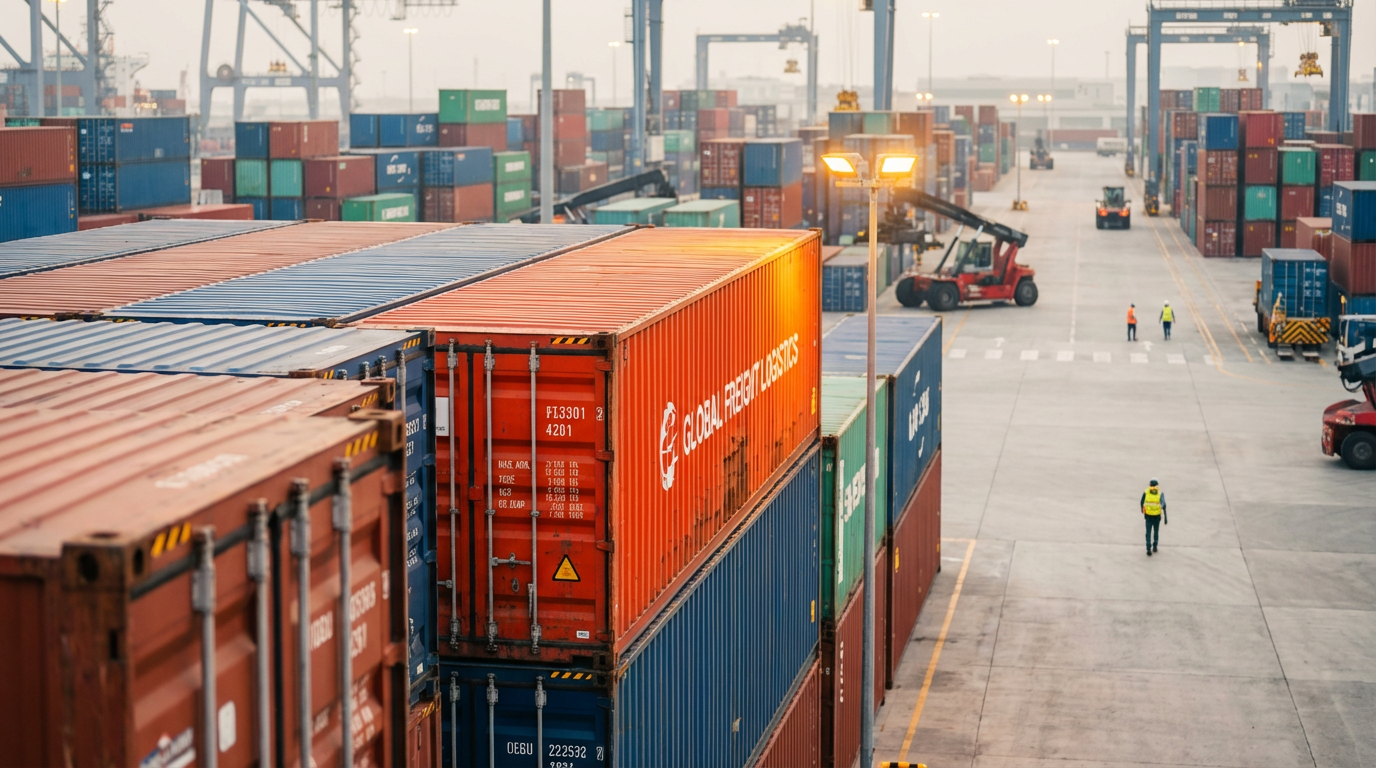 Контейнерный терминал морского порта с грузовыми контейнерами для импорта товаров