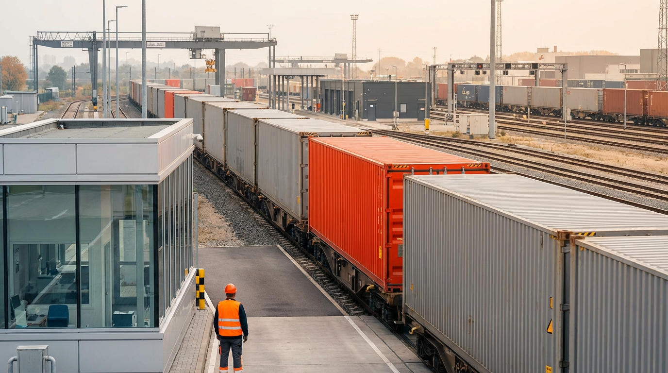 Грузовой поезд с контейнерами на пограничном переходе для железнодорожной доставки из Китая