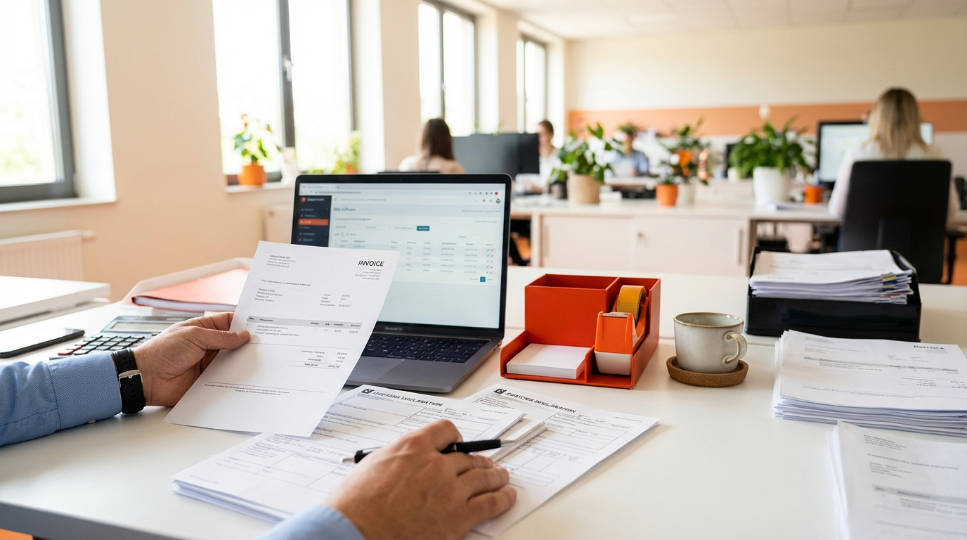 Таможенный брокер проверяет документы на доставку груза из Китая в светлом офисе логистической компании