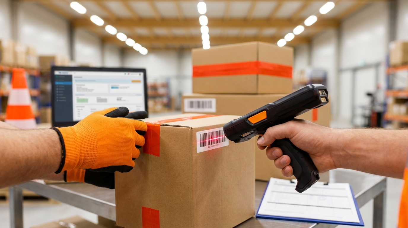 Складской работник сканирует посылки с помощью логистического ПО для отслеживания грузов из Китая