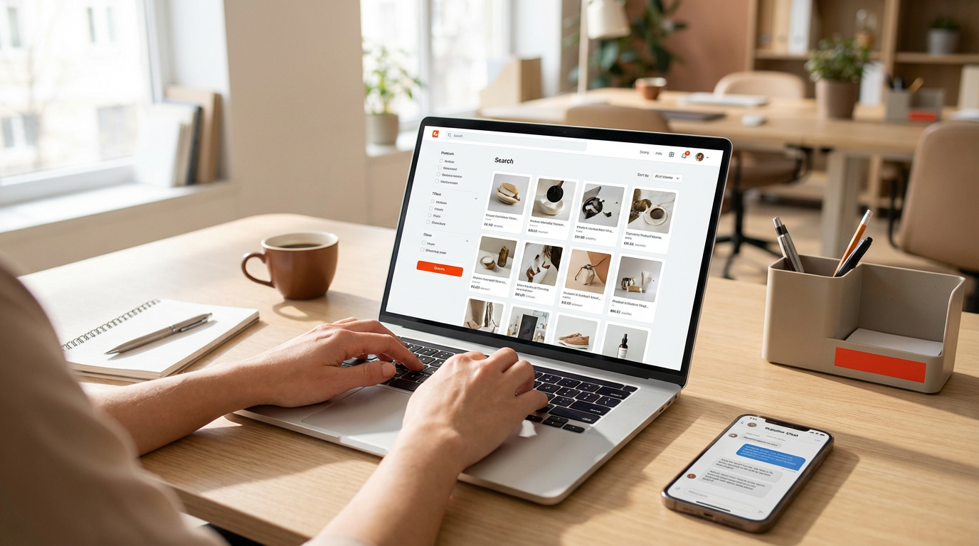 Рабочее место с ноутбуком, показывающим интерфейс поиска товаров на китайской B2B платформе 1688