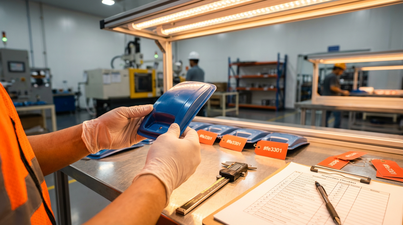 Контроль качества товаров на складе фабрики: рабочий проверяет образец продукции перед отправкой