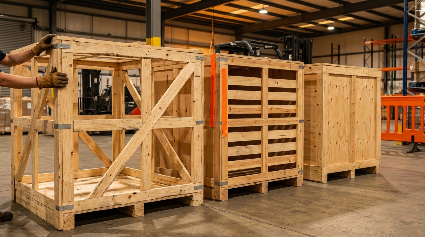 Различные типы деревянных обрешеток на складе: каркасная, полузакрытая и сплошная конструкции