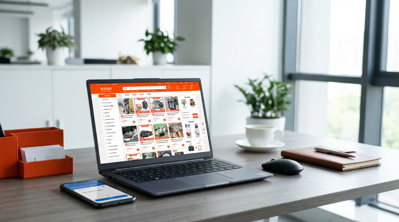 Рабочее место предпринимателя с ноутбуком и инструментами для закупок на китайских маркетплейсах
