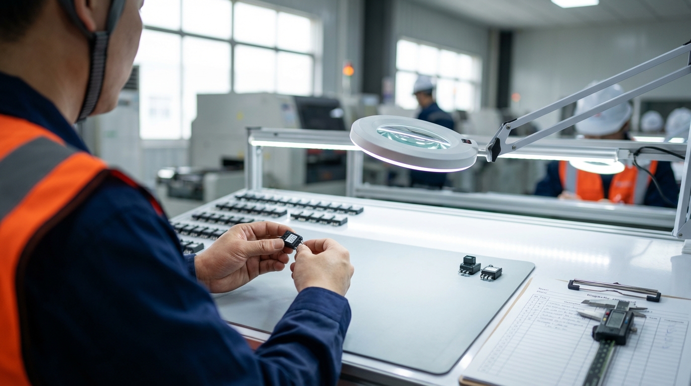 Инспектор проверяет качество образцов товаров на производственной линии перед отправкой