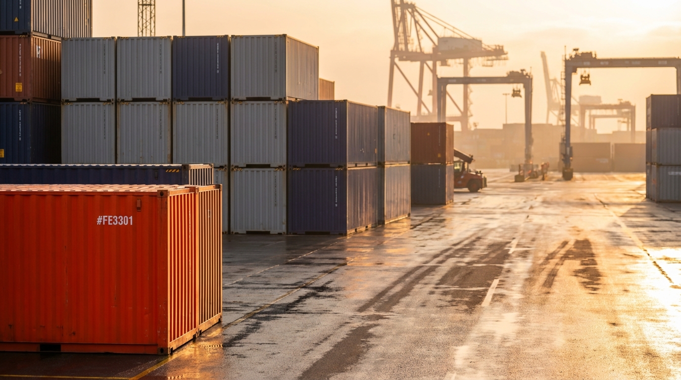 Морские контейнеры на грузовом порту во время заката, доставка товаров из Китая