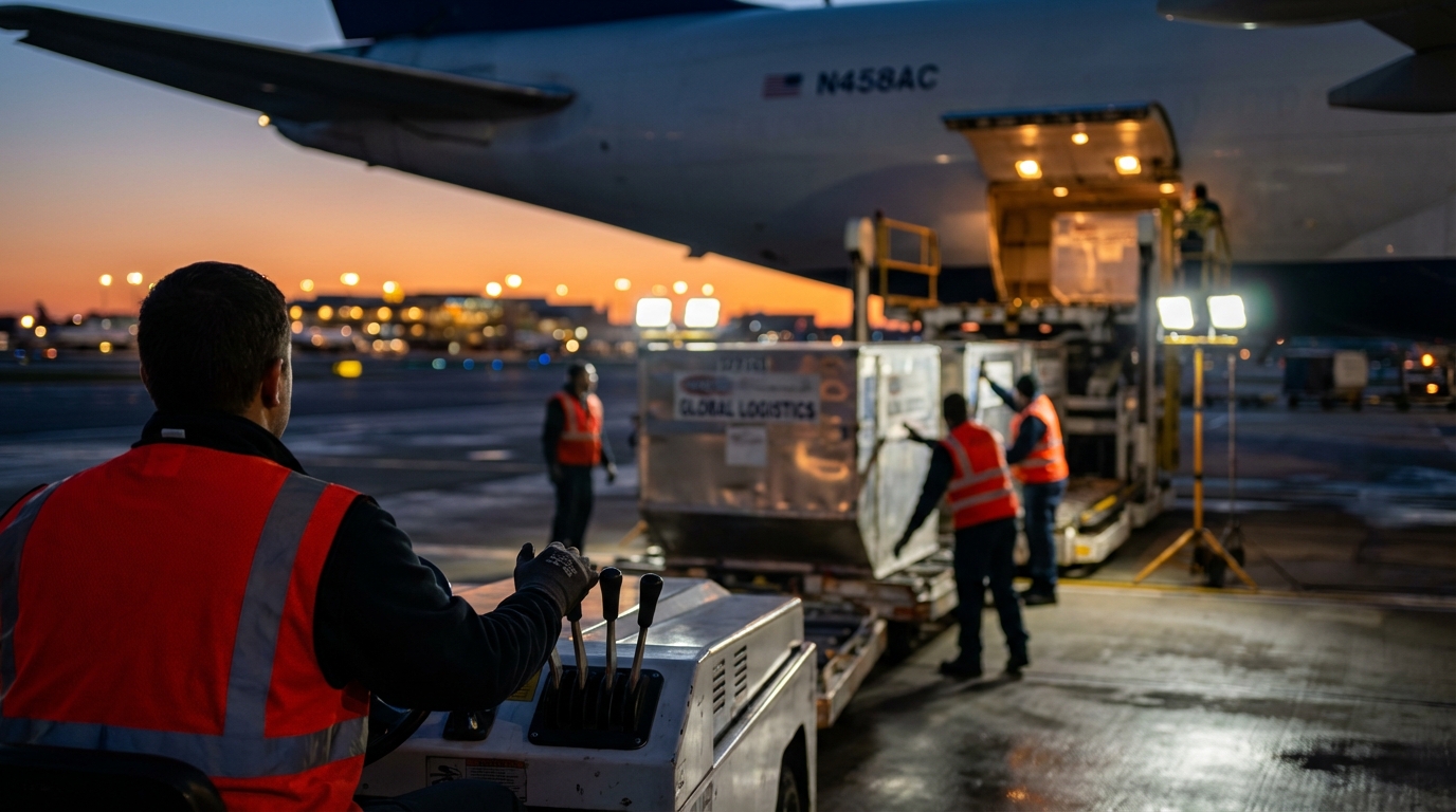 Загрузка авиационных грузовых контейнеров в самолет на аэродроме для авиадоставки из Китая