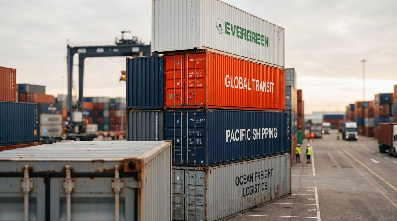 Штабель морских грузовых контейнеров в портовом терминале для доставки товаров из Китая