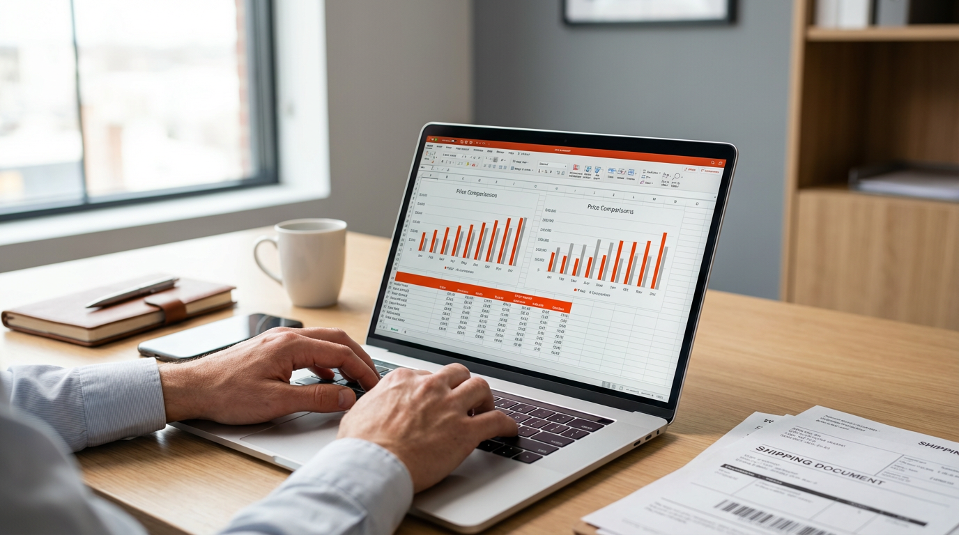 Сравнение цен на ноутбуке с графиками и таблицами для анализа закупок на Alibaba и 1688