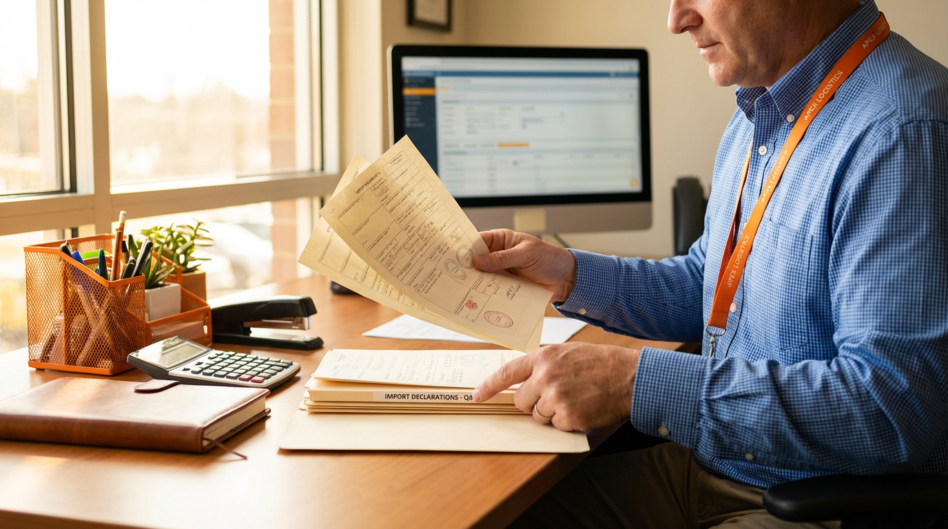 Таможенный брокер проверяет документы для растаможки товаров из Китая в офисе