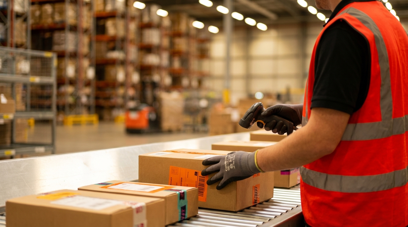 Сотрудник карго-компании сортирует посылки на логистическом складе перед отправкой в Россию