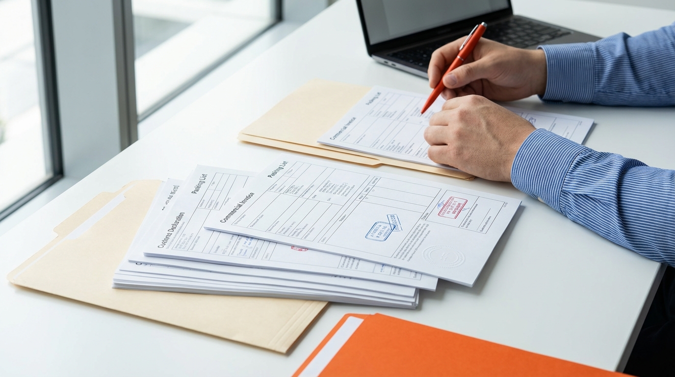 Таможенные документы и сертификаты на офисном столе с руками специалиста