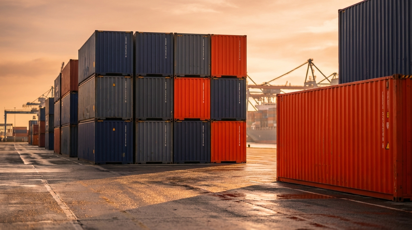 Штабелированные морские контейнеры в порту во время заката с теплым освещением