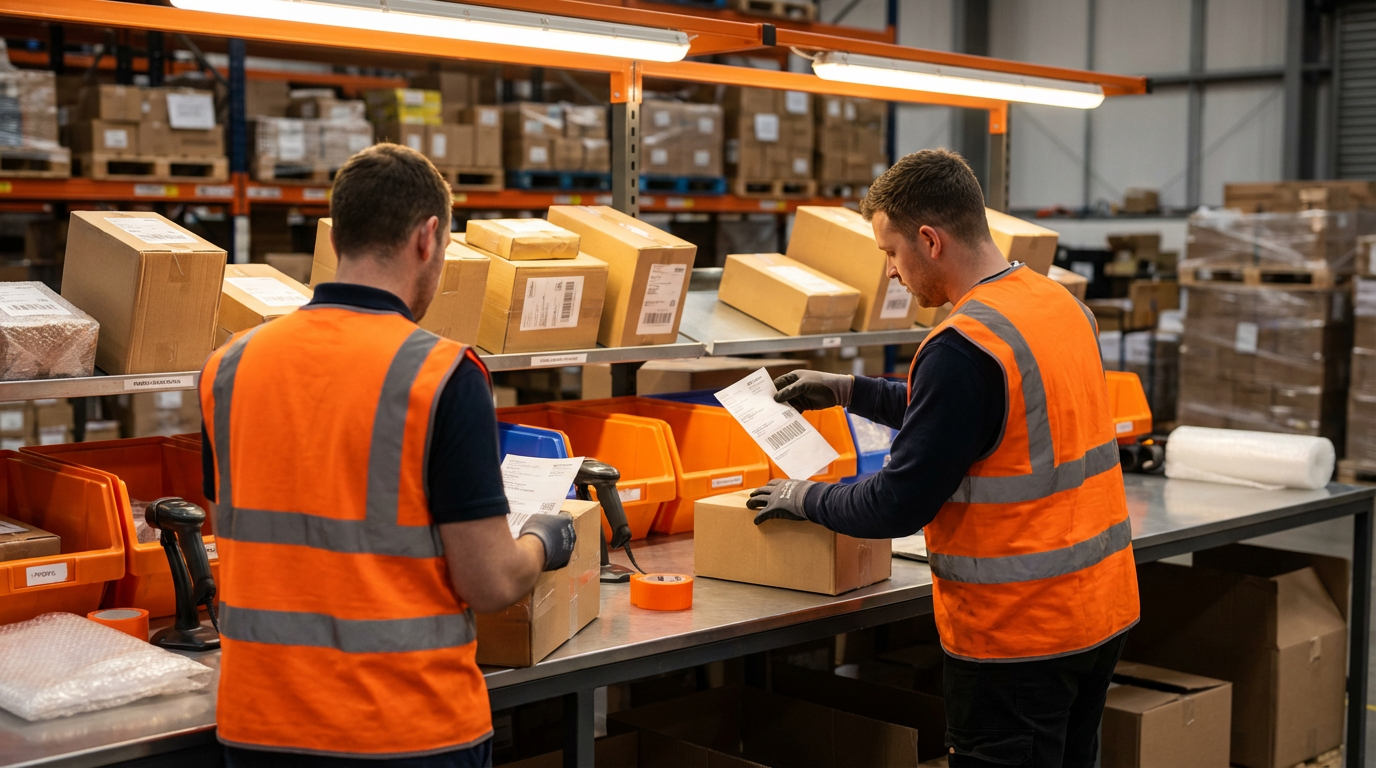 Сотрудники карго-склада сортируют и консолидируют грузы от разных отправителей перед международной доставкой