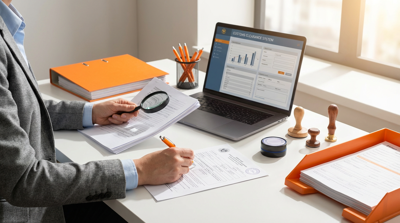 Таможенный специалист проверяет документы для упрощённого оформления карго-груза при импорте товаров