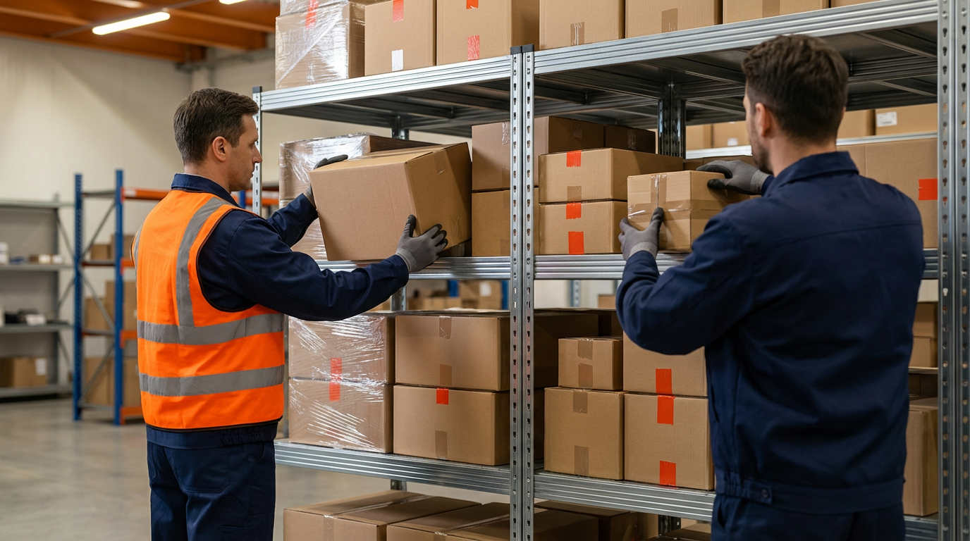 Работники склада сортируют и размещают коробки на стеллажах при консолидации грузов