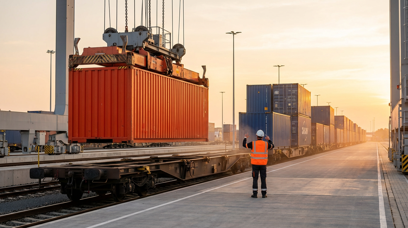 Погрузка контейнеров на грузовой поезд на терминале интермодальных перевозок