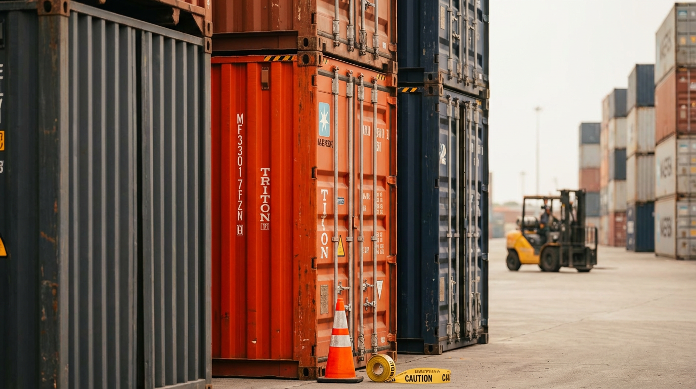 Штабелированные морские контейнеры на складе логистического терминала для международных перевозок