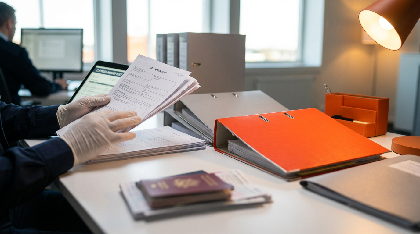 Таможенный инспектор проверяет документы на груз из Китая за рабочим столом