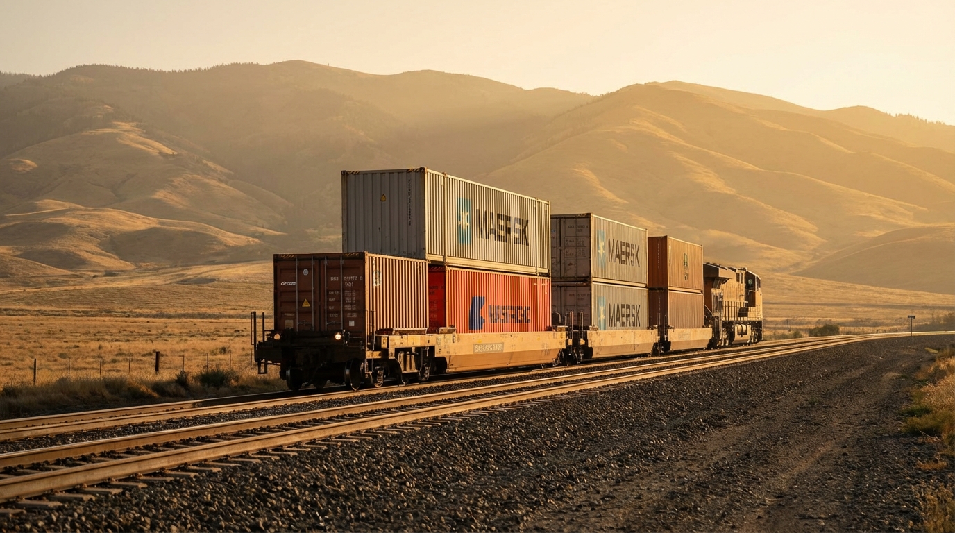 Грузовой поезд с контейнерами движется по железной дороге через живописный ландшафт