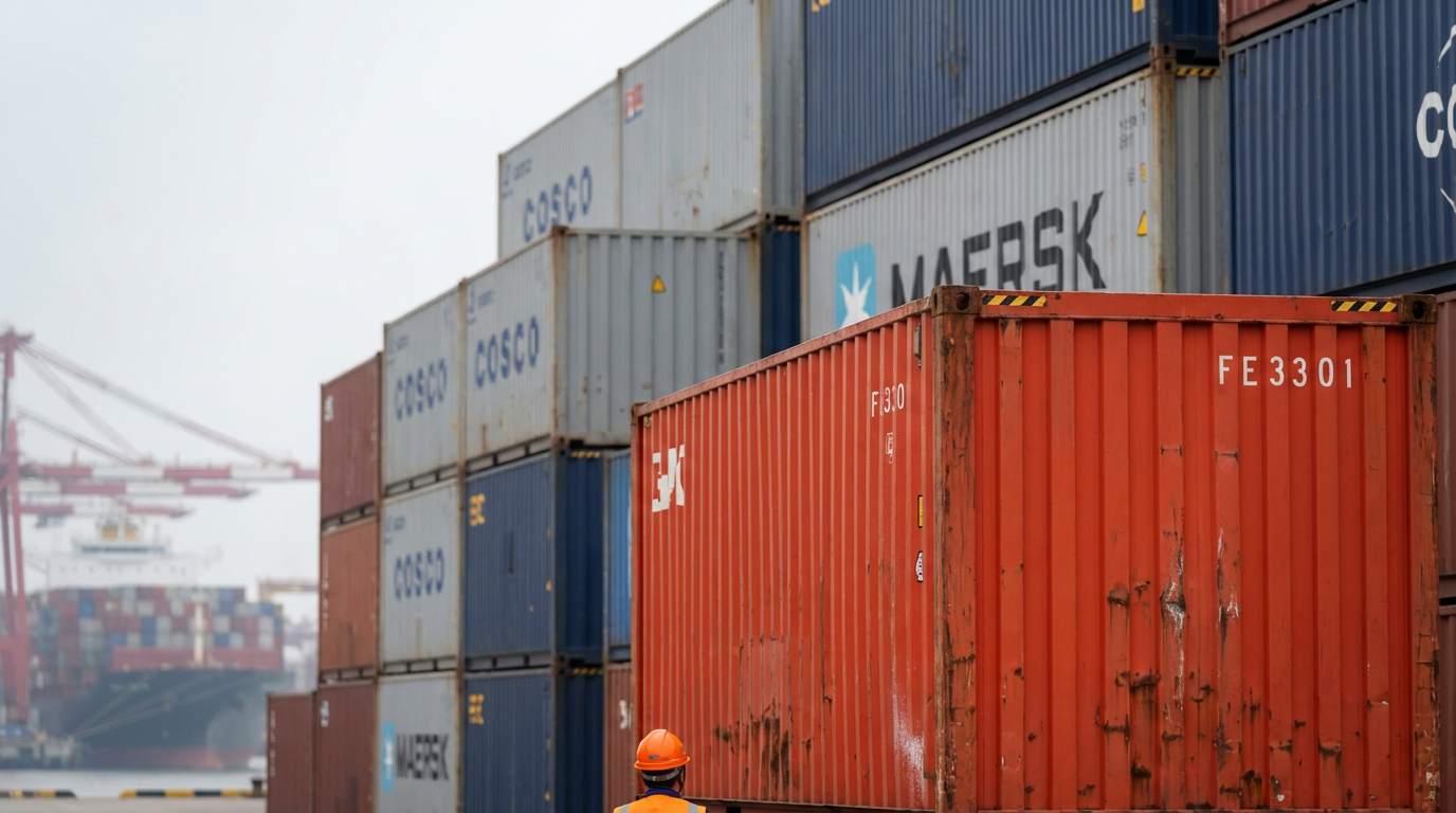 Штабелированные грузовые контейнеры на терминале китайского порта для международных перевозок