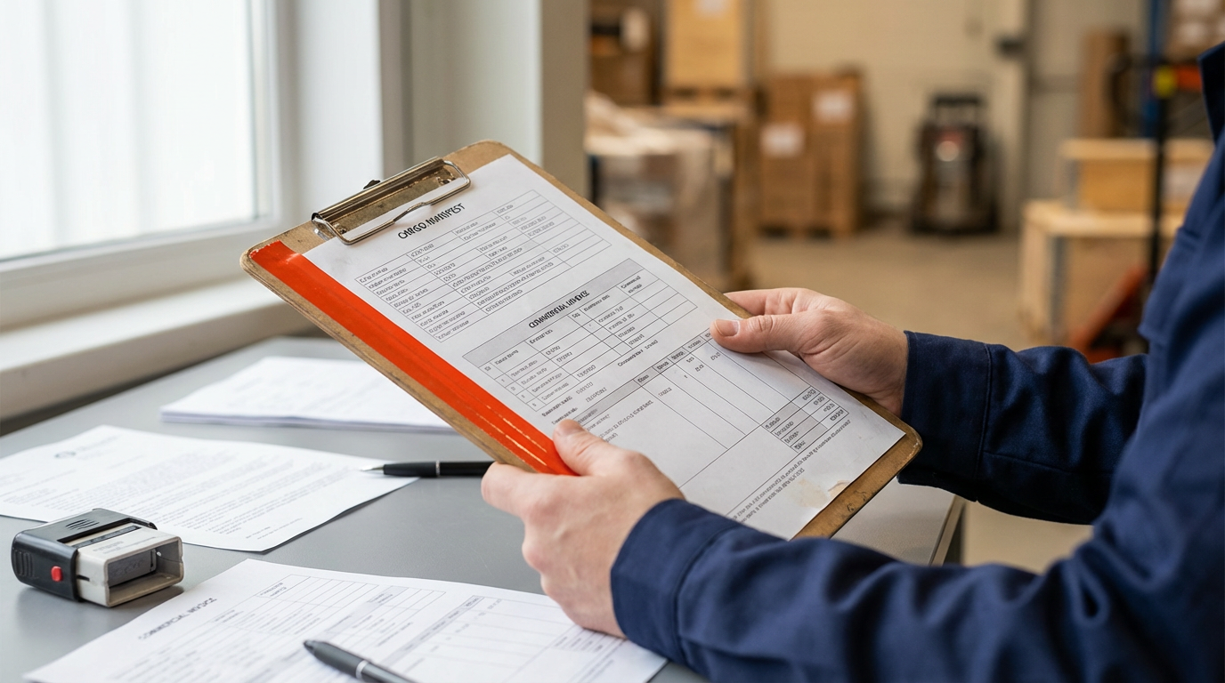 Таможенный инспектор проверяет документы и инвойс на грузовую партию из Китая