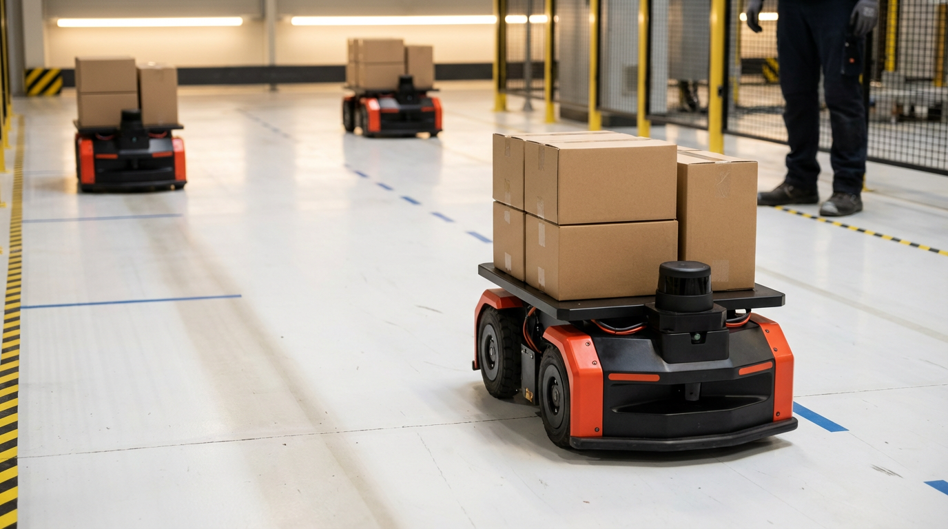 AGV роботы автоматически перемещают грузы на складе, повышая эффективность логистических операций