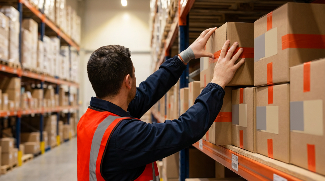 Сотрудник склада организует товарные запасы на стеллажах в рамках системы управления инвентарем