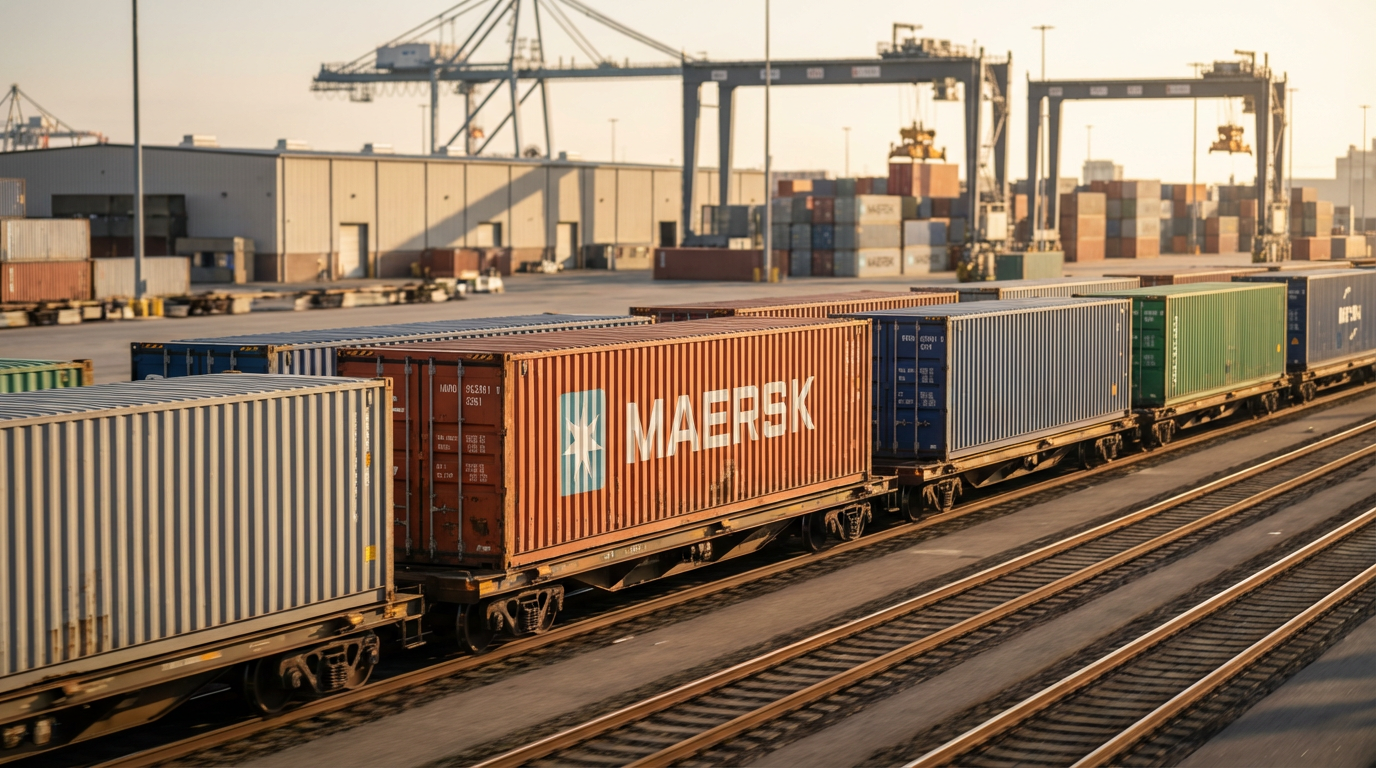 Грузовой поезд с контейнерами проходит через логистический терминал для железнодорожной доставки из Китая