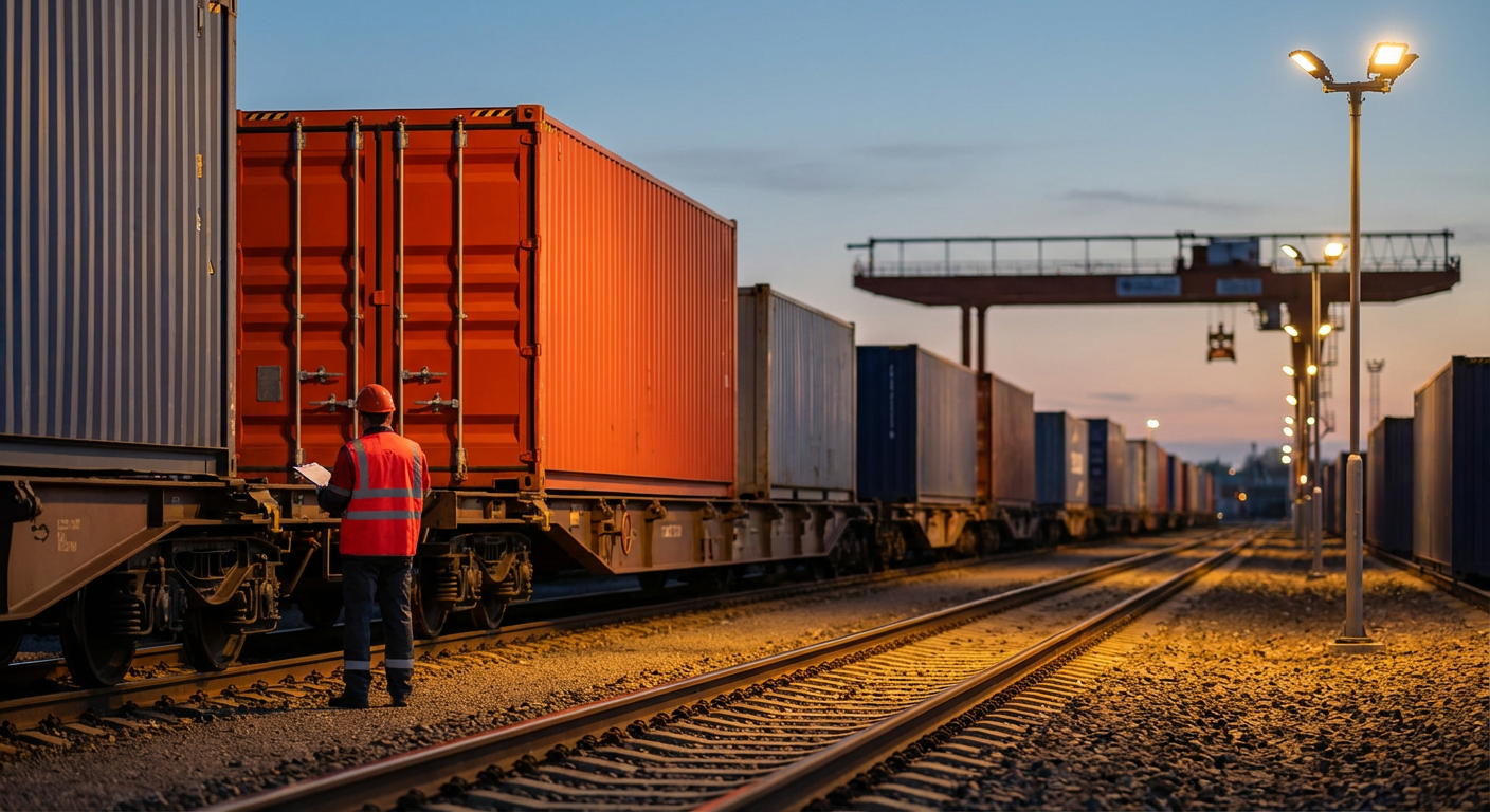Грузовой железнодорожный контейнерный терминал с поездом и рабочим на фоне промышленных огней