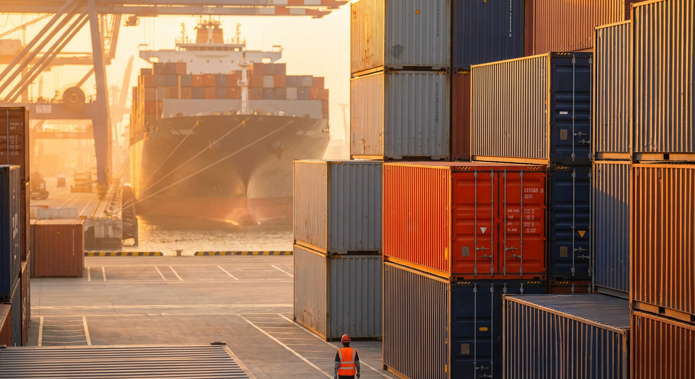 Контейнерный морской порт на закате с высокими стопками контейнеров и грузовым судном у причала