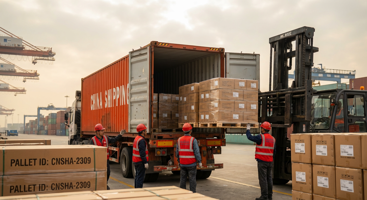 Погрузка товаров в контейнер в китайском морском порту при участии инспектора