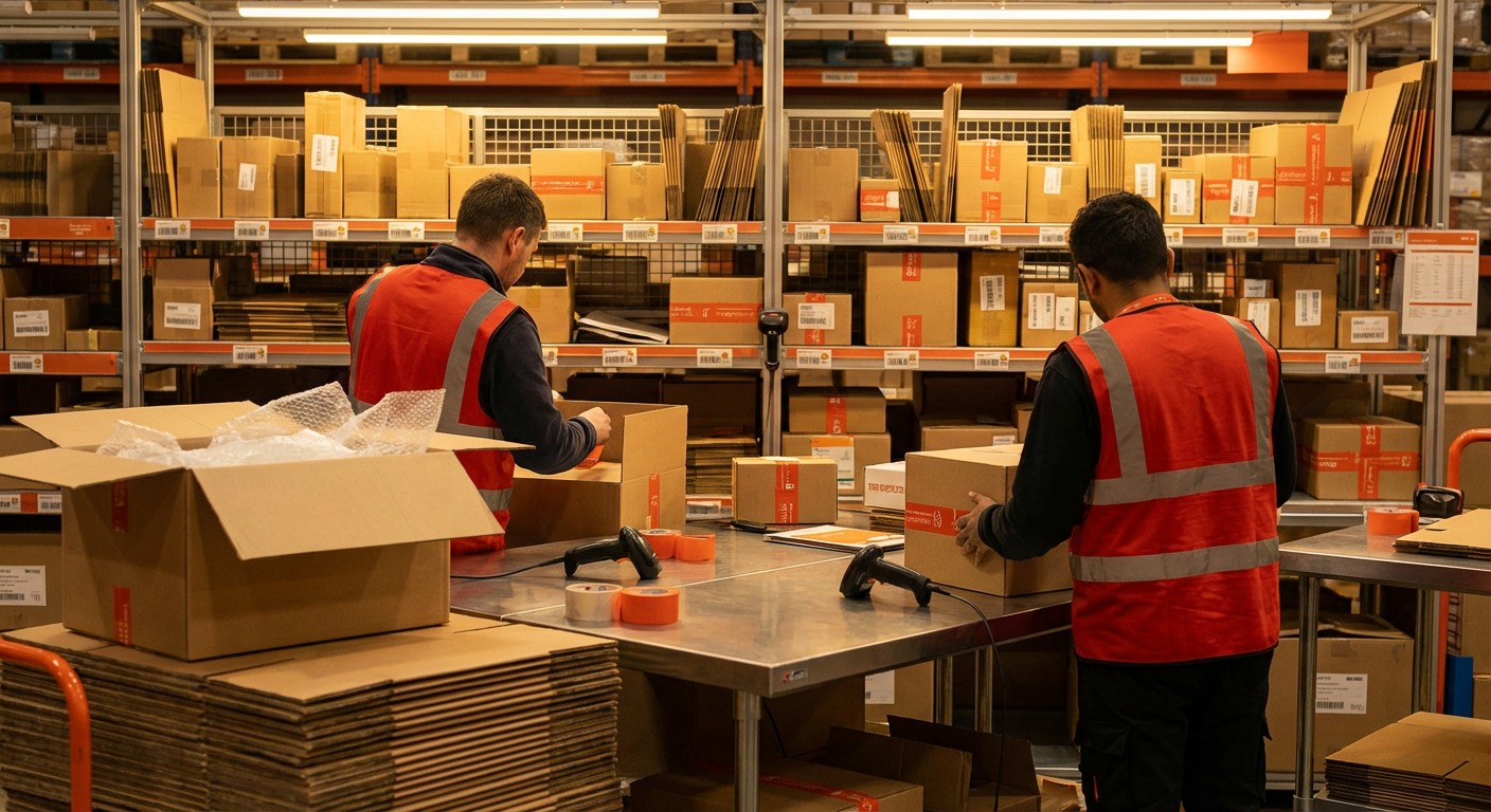 Работники склада консолидации объединяют посылки от нескольких поставщиков на упаковочном столе