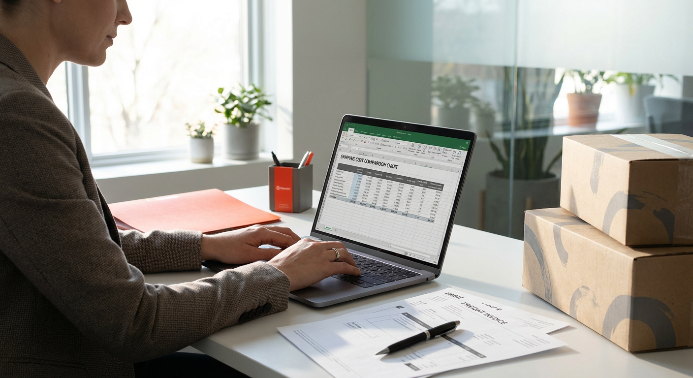 Предприниматель изучает сравнение стоимости доставки на ноутбуке рядом с коробками и документами