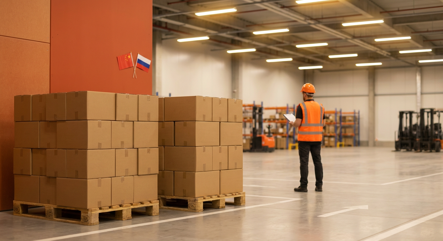 Оптовые грузовые коробки на складе с флагами России и Китая на фоне