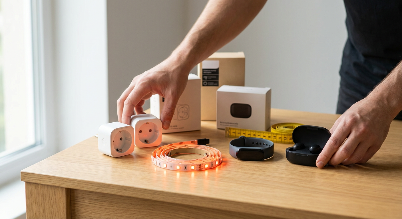 Умные гаджеты и электроника из Китая на столе: смарт-розетки, LED-лента, фитнес-браслет и аксессуары