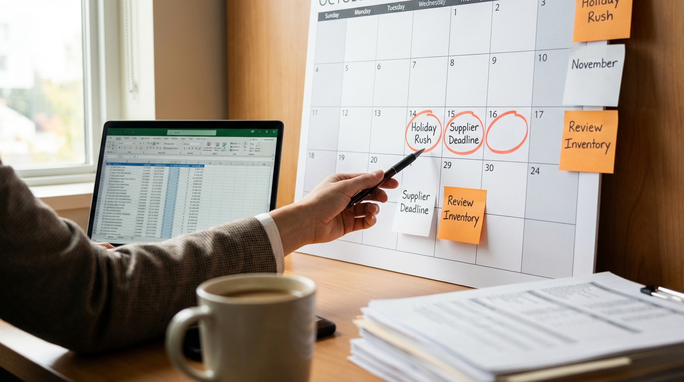 Планировщик логистики отмечает праздничные даты на календаре поставок красным маркером