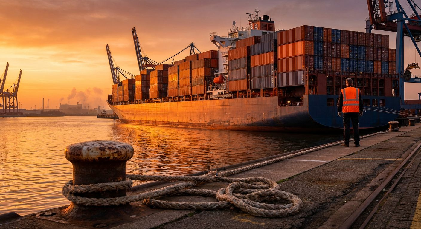Грузовое судно с контейнерами у китайского порта на закате, докер в оранжевом жилете