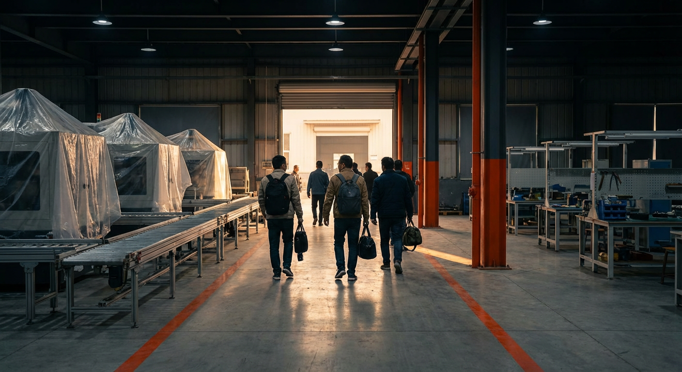 Рабочие уходят с китайской фабрики на праздники, производственный цех стоит пустым