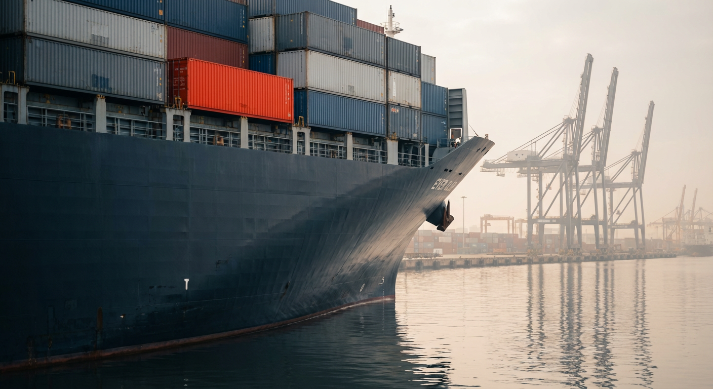 Грузовое судно стоит на якоре у китайского порта в ожидании перед национальным праздником