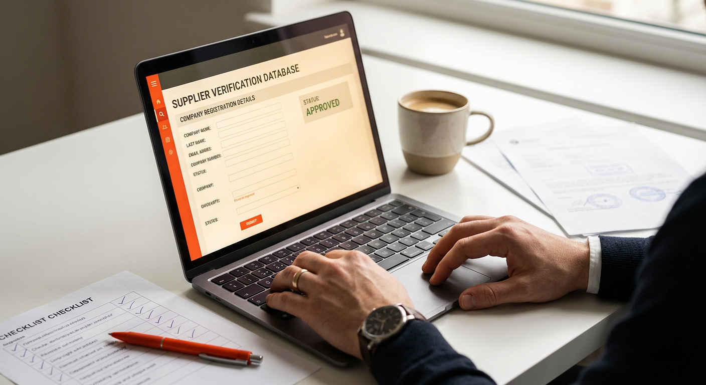 Руки специалиста проверяют документы китайского поставщика на ноутбуке с базой данных