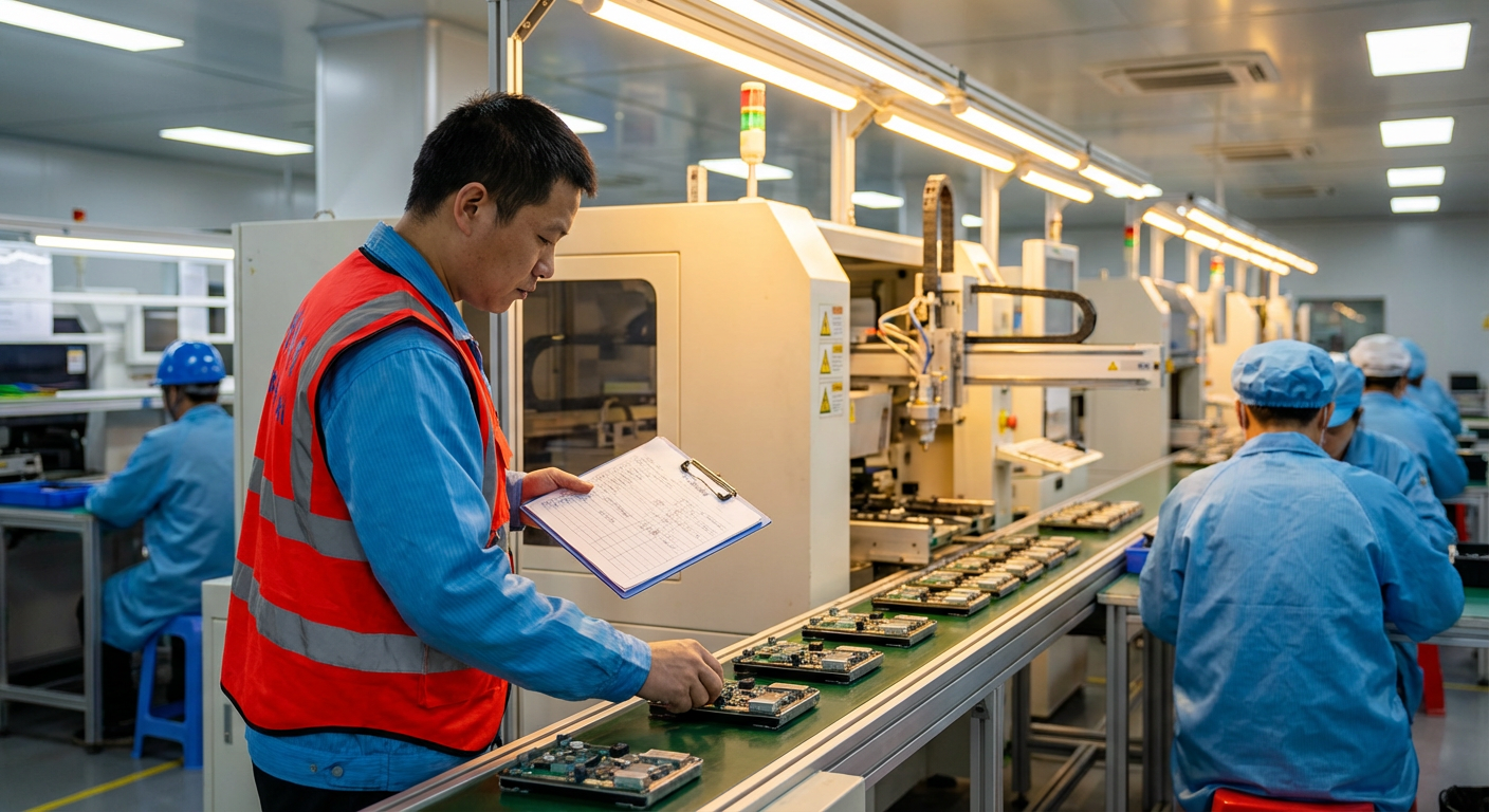 Инспектор по контролю качества проверяет производственную линию на китайской фабрике с планшетом