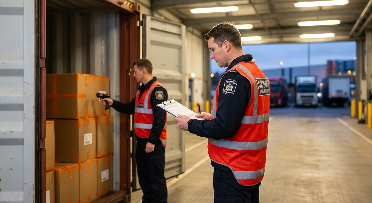 Таможенные инспекторы проверяют грузовые контейнеры на пограничном контрольно-пропускном пункте