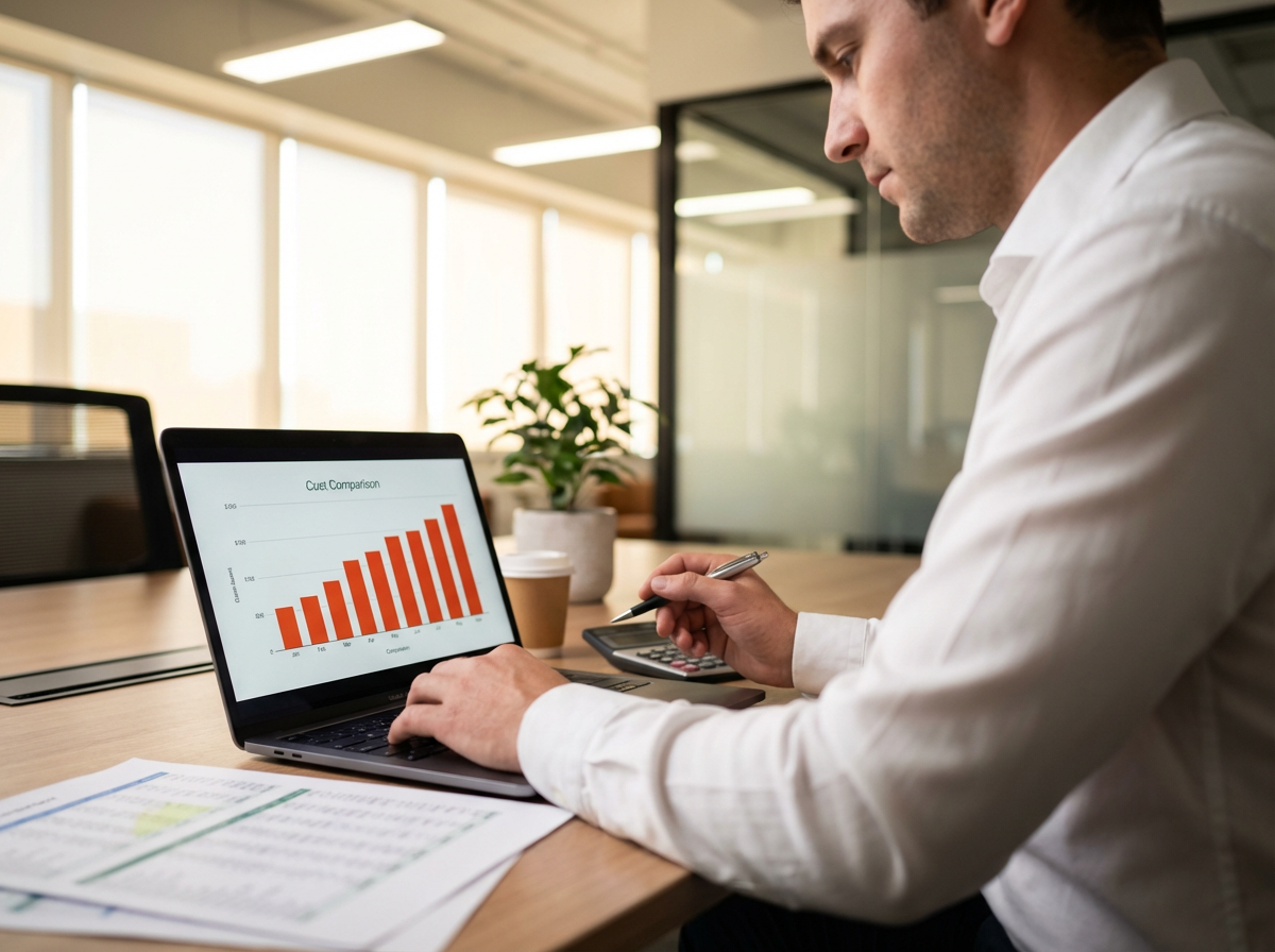 Бизнесмен анализирует сравнительную диаграмму затрат на импорт на ноутбуке в офисе