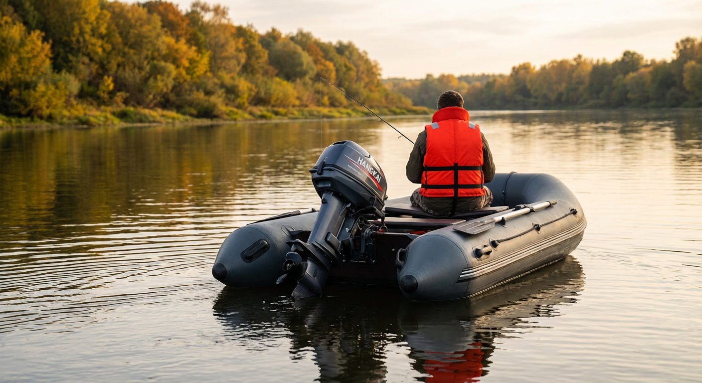 Китайский четырёхтактный лодочный мотор на надувной лодке во время рыбалки на реке