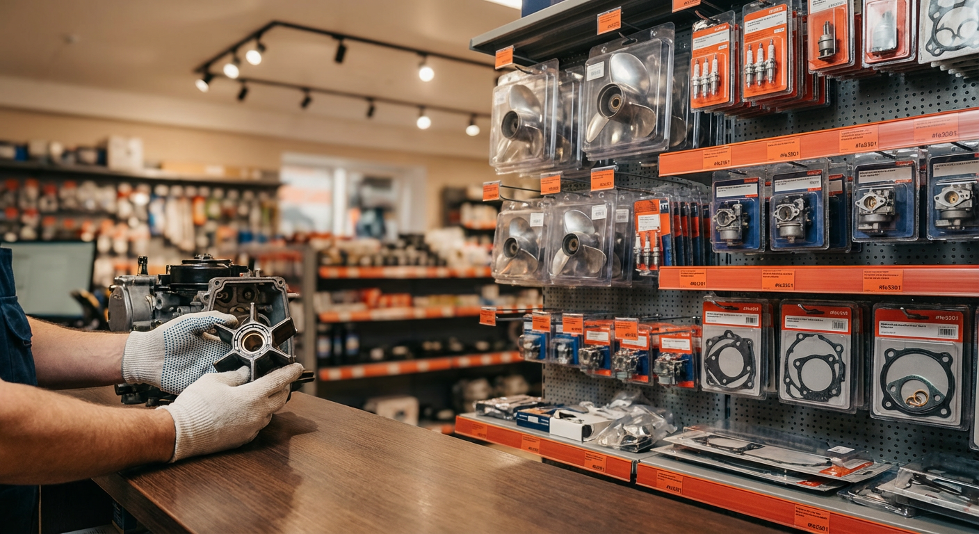 Прилавок магазина запчастей для лодочных моторов в России с деталями на полках