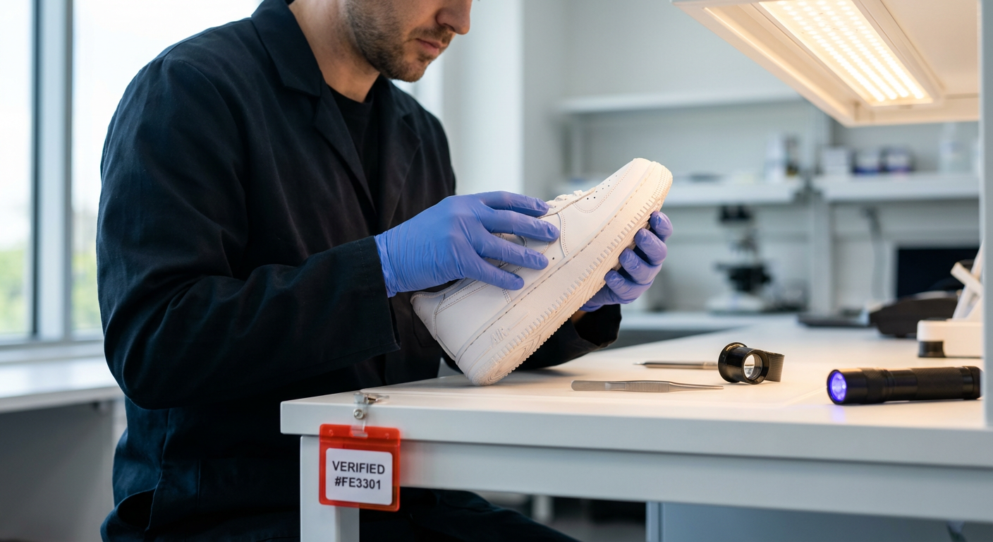 Специалист лаборатории в перчатках проверяет подлинность кроссовок под увеличительным стеклом